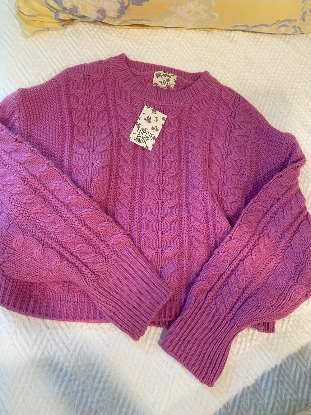 Hippie Rose Pink-Purple Cable Knit Crewneck Sweater